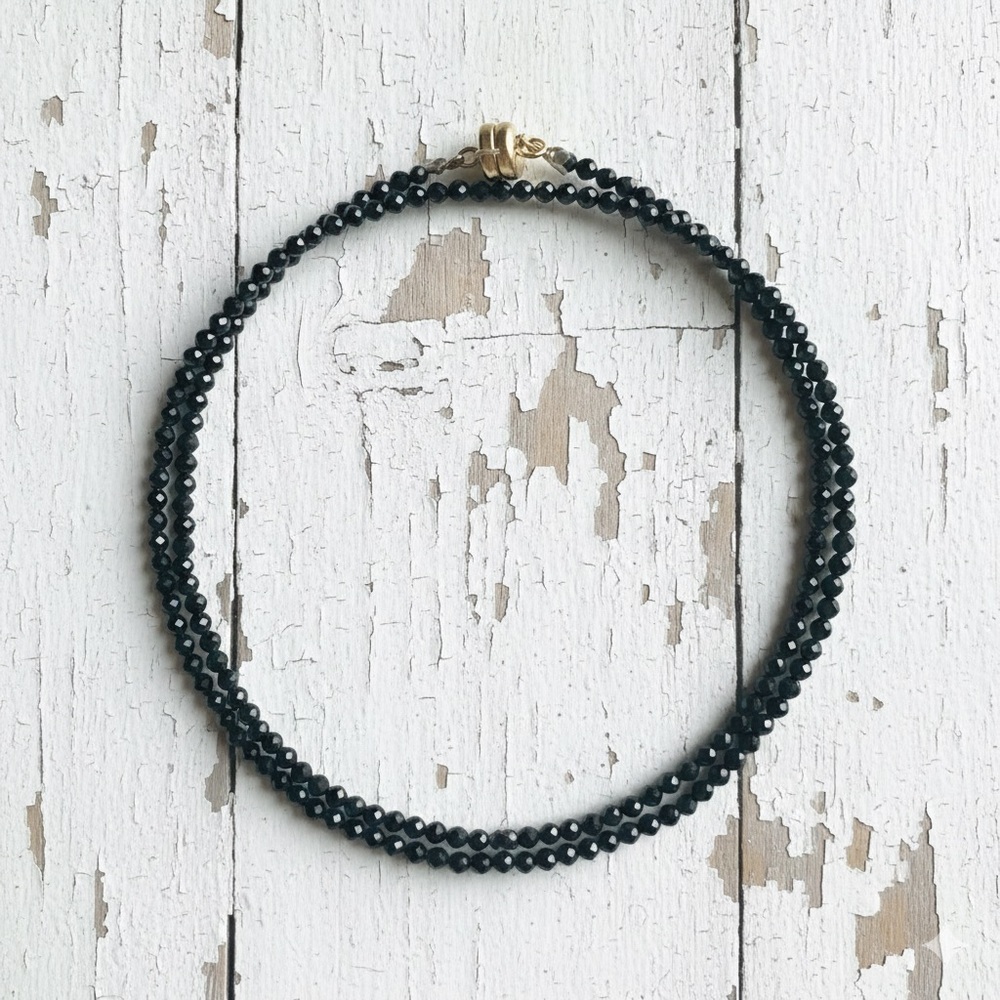 Black Faceted Crystal Choker Necklace | 2mm Beaded Wrap Bracelet | Dainty